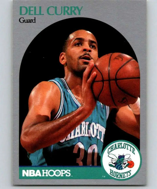 Basketball card of Dell Curry in teal jersey shooting for Charlotte Hornets