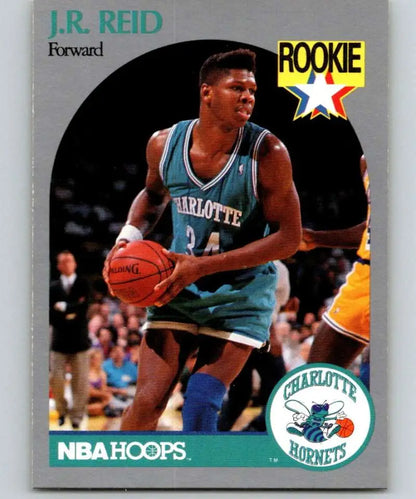 NBA Hoops basketball card of rookie Charlotte Hornets player J.R. Reid in teal uniform