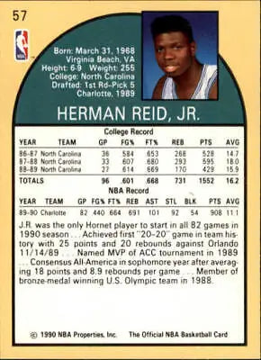 Herman Reid Jr. Basketball Card from 1990-91 Hoops, a Rookie Charlotte Hornets collectible