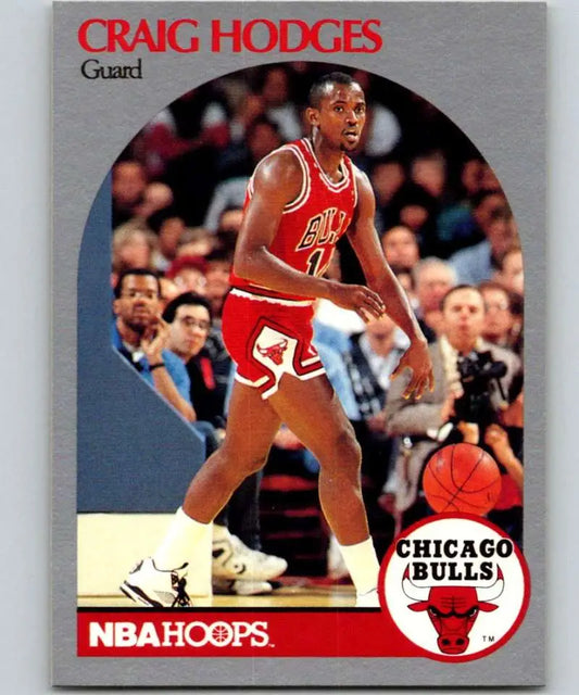 Basketball card of Craig Hodges in red Chicago Bulls uniform from 1990-91 Hoops