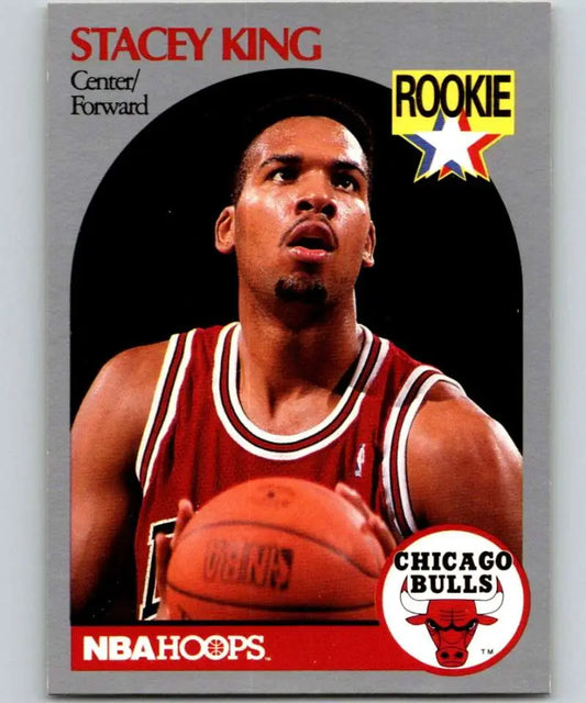 NBA Hoops basketball card of Stacey King in Chicago Bulls uniform holding a basketball