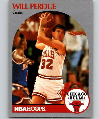 Basketball trading card of Will Perdue in shooting motion for Chicago Bulls basketball