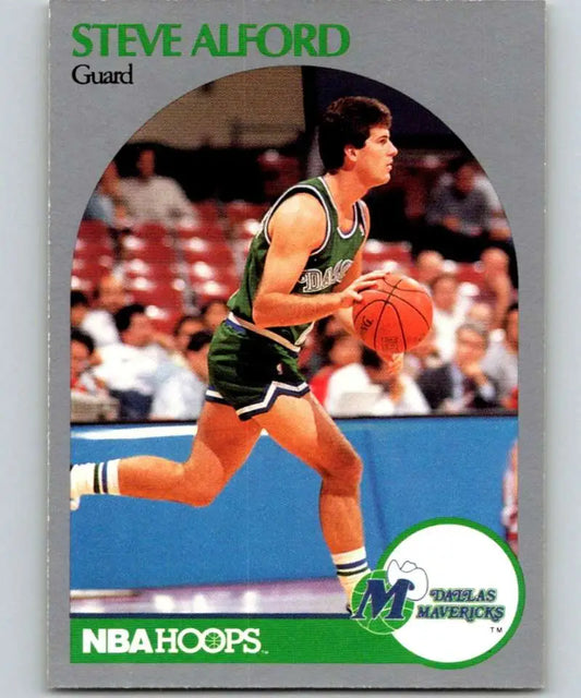 Vintage Dallas Mavericks Basketball Card featuring Steve Alford dribbling in green uniform