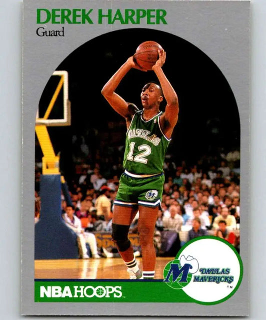 Derek Harper Dallas Mavericks basketball card from 1990-91 Hoops series in green jersey