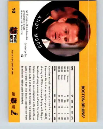 1990-91 Pro Set #10 Andy Moog NM-MT Bruins hockey card with original gloss finish