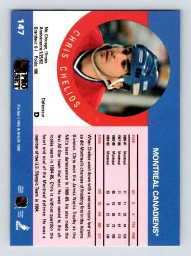 Hockey trading card of Chris Chelios in a Montreal Canadiens blue jersey, original gloss