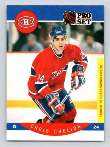 Hockey trading card of Chris Chelios in red Canadiens jersey with original gloss finish