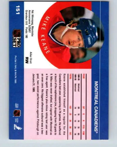 1990-91 Pro Set #151 Mike Keane NM-MT RC Rookie Canadiens original gloss hockey card