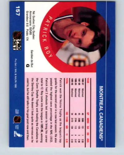 1990-91 Pro Set #157 Patrick Roy NM-MT card with original gloss from Canadiens collection