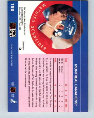 Hockey trading card featuring 1990-91 Pro Set #158 Mathieu Schneider NM-MT RC Rookie Canadiens