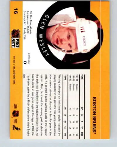 Glen Wesley hockey card 1990-91 Pro Set #16 NM-MT Bruins original gloss collectible