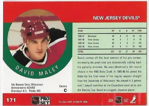 1990-91 Pro Set #171A David Maley NM-MT NJ Devils ERR original gloss hockey card