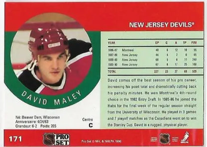 1990-91 Pro Set #171A David Maley NM-MT NJ Devils ERR original gloss hockey card