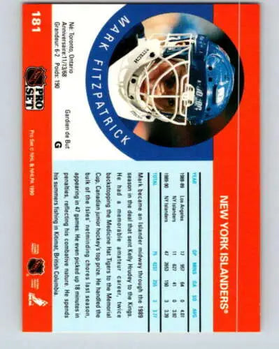 1990-91 Pro Set #181 Mark Fitzpatrick NM-MT RC Rookie NY Islanders original gloss card