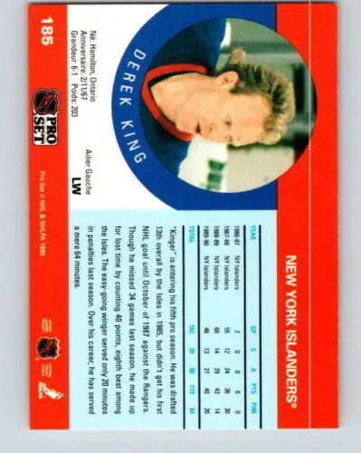 Derek King hockey card from 1990-91 Pro Set #185 featuring original gloss quality