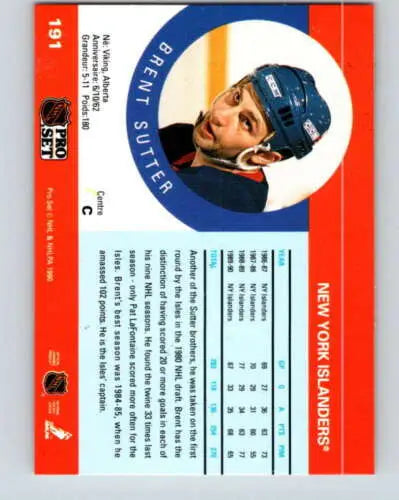 Brent Sutter hockey card 1990-91 Pro Set #191 original gloss NY Islanders collectible