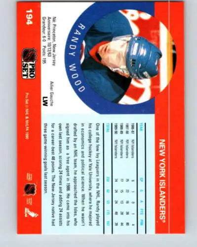 1990-91 Pro Set #194 Randy Wood NM-MT NY Islanders original gloss hockey card