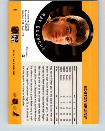 Ray Bourque hockey card from 1990-91 Pro Set with original gloss, NM-MT condition