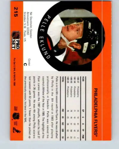 1990-91 Pro Set #215 Pelle Eklund hockey card with original gloss for Flyers fans