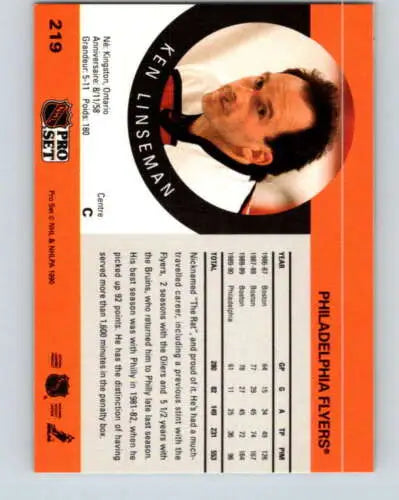 Ken Linseman hockey card from 1990-91 Pro Set #219 in original gloss, near mint condition