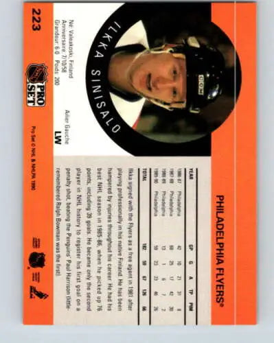 1990-91 Pro Set #223 Ilkka Sinisalo hockey card with original gloss in near mint condition