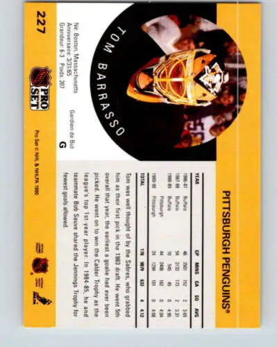 Hockey card back of 1990-91 Pro Set #227 Tom Barrasso NM with original gloss details