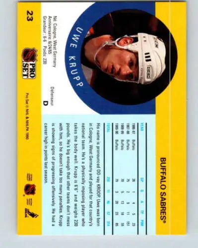 Uwe Krupp hockey card 1990-91 Pro Set original gloss NM-MT Sabres for collectors