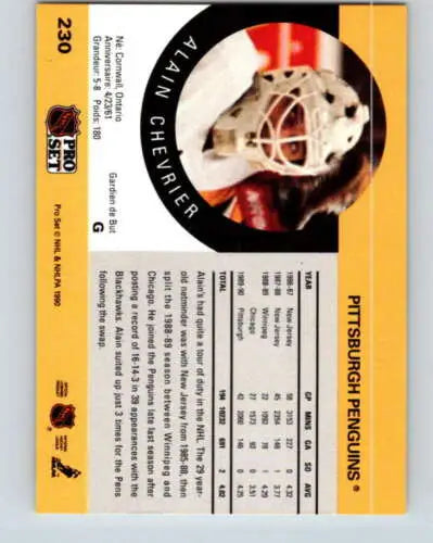 Hockey card back of 1990-91 Pro Set #230 Alain Chevrier with original gloss feature