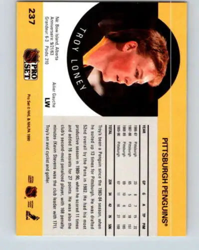 1990-91 Pro Set #237 Troy Loney NM Near Mint Penguins original gloss hockey card