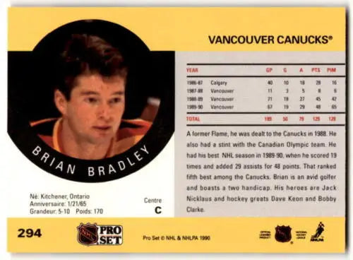 Brian Bradley hockey card from Pro Set 1990-91 with original gloss, Near Mint condition