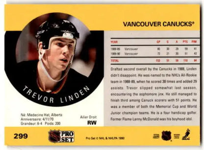 Trevor Linden 1990-91 Pro Set #299 hockey card in near mint condition with original gloss