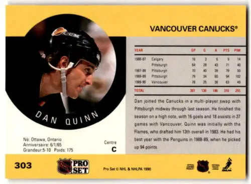 Dan Quinn hockey card from 1990-91 Pro Set #303 in original gloss condition