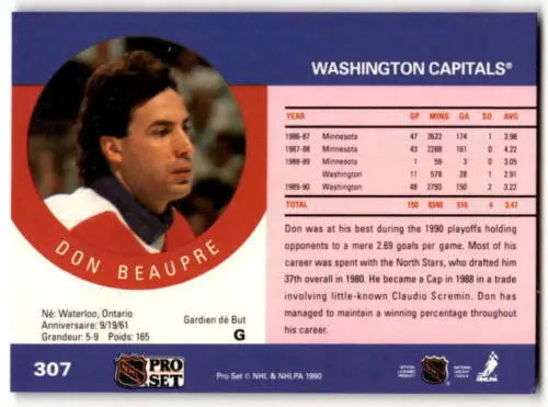 Original gloss 1990-91 Pro Set #307 Don Beaupre hockey card for Capitals collectors