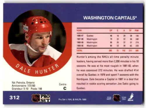 Dale Hunter 1990-91 Pro Set #312 hockey card in Near Mint condition with original gloss