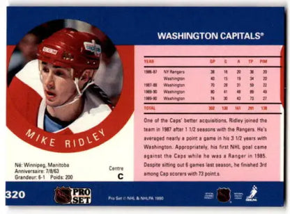 1990-91 Pro Set #320 Mike Ridley hockey card with original gloss, Capitals team