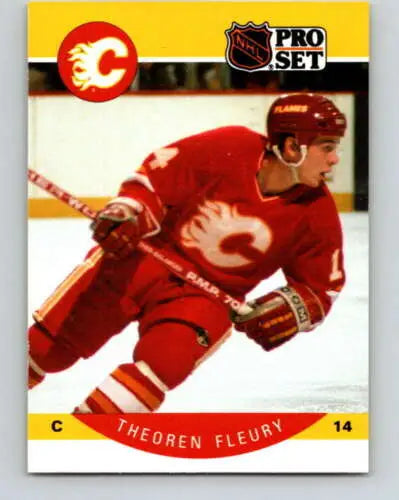 1990-91 Pro Set #33 Theo Fleury NM-MT Flames card featuring original gloss finish