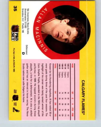 Back of 1990-91 Pro Set #35 Al MacInnis NM-MT Flames hockey card with original gloss