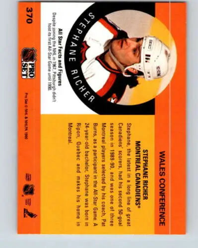 1990-91 Pro Set #370 Stephane Richer hockey card in original gloss condition