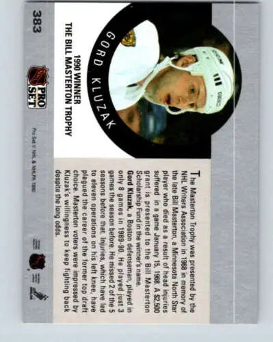 Hockey trading card of Gord Kluzak Mast from Pro Set with original gloss finish