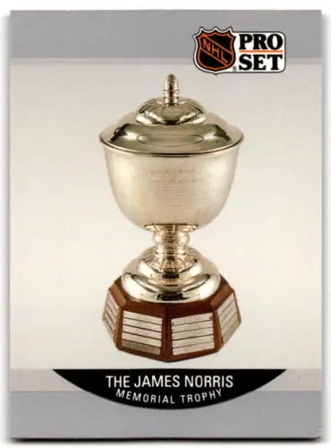 Silver James Norris Memorial Trophy in 1990-91 Pro Set Ray Bourque Original Gloss Card