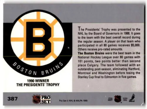 Hockey card back of 1990-91 Pro Set #387 Boston Bruins with original gloss finish