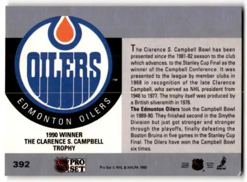 Hockey card back of 1990-91 Pro Set #392 Edmonton Oilers with original gloss finish