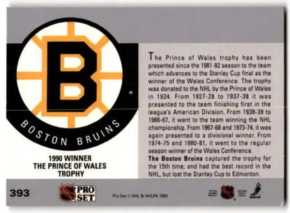 Hockey card back from 1990-91 Pro Set featuring original gloss Boston Bruins design