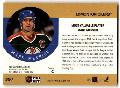 1990-91 Pro Set #397 Mark Messier hockey card in original gloss, Near Mint condition