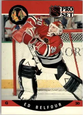 1990-91 Pro Set Ed Belfour Rookie card featuring Chicago Blackhawks goalie making a save