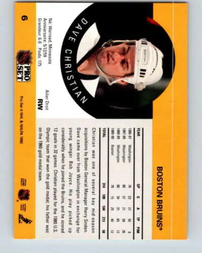 1990-91 Pro Set #6 Dave Christian NM-MT Bruins hockey card with original gloss finish