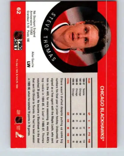 1990-91 Pro Set #62 Steve Thomas NM-MT Blackhawks original gloss hockey card