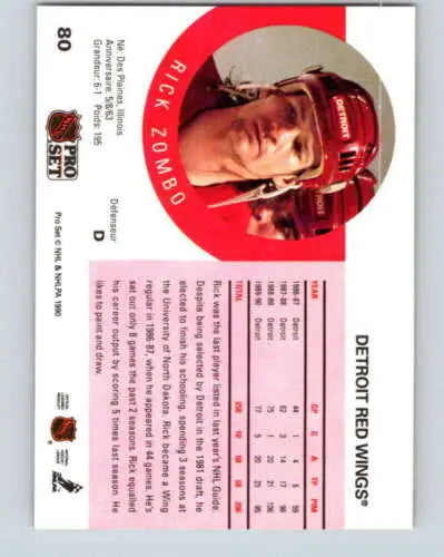 1990-91 Pro Set #80 Rick Zombo NM-MT Red Wings hockey card with original gloss