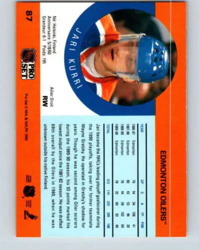 Original gloss 1990-91 Pro Set #87A Jari Kurri hockey card for collectors