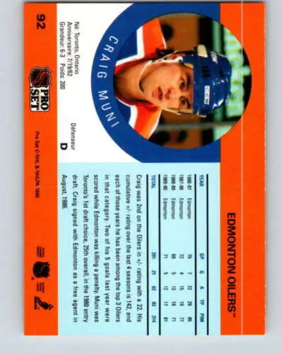 1990-91 Pro Set #92 Craig Muni NM-MT Oilers hockey card with original gloss finish